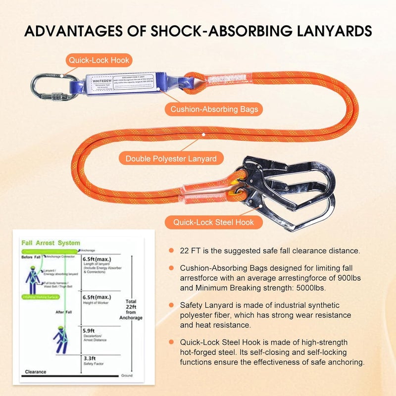 Whitedew Fall Protection Premium Safety Harness with Shock Absorbing Lanyard, Vented & Padded Shoulder, Legs & Back - Upgrade 4 Quick Buckles (Orange) - Image 5